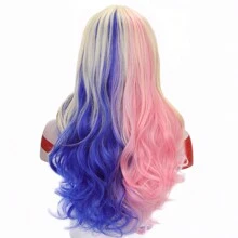 Synthetic Fiber Long Wavy Hair Headgear With Middle Parted Bangs, Double Color Combination Of Pink And Blue, Perfect For Cosplay, Costume Party, Clown Dress-Up, Girlfriend Wig Headgear, Halloween - Multicolor - View 3