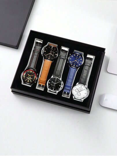 مجموعة هدايا ساعات رجالية كلاسيكية فاخرة بعلبة هدايا، 5 قطع، تناسب الأعمال والحفلات والمهرجانات