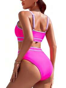 Women's Fashionable Summer Beach Contrast Trim Sporty Neon Bikini Set Bathing Suit - Hot Pink - View 3