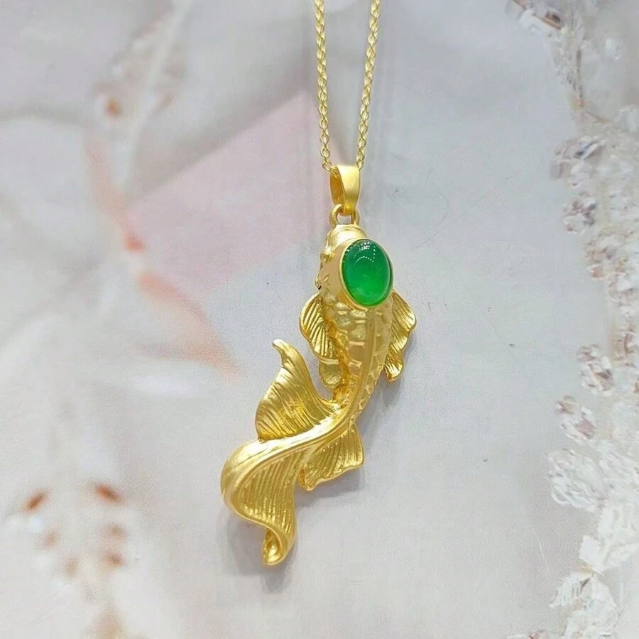 A Natural Chalcedony, Gold-Plated Craft Gem Inlaid Necklace Pendant, Fashion Jewelry, Women's Necklace Jewelry, Gem Necklace, Holiday Gift, Gift For Her. - Goldfish 1 - View 1