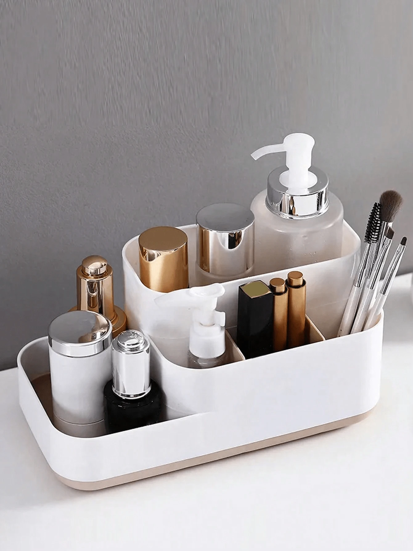 1pc Dock-Shaped Desktop Storage Box, Air Cushion Powder Compact Nail Art Cosmetic Organizer - Khaki - View 1