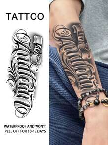 Tatouage temporaire de lettre anglaise avec décoration créative de style européen, imperméable à l'eau et à la transpiration, durée de 1 à 2 semaines, jus d'herbes réaliste et faux noir non réfléchissant tatouages ​​pour hommes, Autocollants de tatouage pour bras, poitrine, jambe, art corporel moderniste.