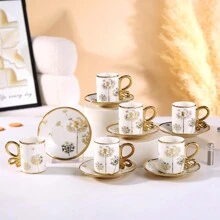 6 piezas Juego de taza y platillo de estilo europeo, borde dorado, taza de café y platillo de cerámica de 2.8oz, adecuado para desayuno, té de la tarde, fiesta de té, hogar, jardín, restaurante y otras ocasiones. Vajilla para verano e invierno, juego de taza y platillo, esencial para la temporada de regreso a clases.