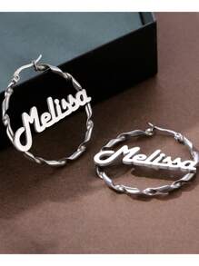 定制姓名女士耳环，魅力波西米亚风格个性化螺旋圈耳环，不锈钢扭曲吊坠耳环，带有姓名，嘻哈字母圆形圈式个性珠宝，适合家庭聚会、节日礼物、母亲节礼物 - 銀色 - 查看 4