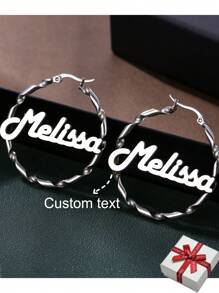 定制姓名女士耳环，魅力波西米亚风格个性化螺旋圈耳环，不锈钢扭曲吊坠耳环，带有姓名，嘻哈字母圆形圈式个性珠宝，适合家庭聚会、节日礼物、母亲节礼物 - 銀色 - 查看 1