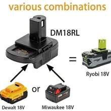 用於DeWalt和Milwaukee電池的DM18RL電池轉接器，可將20V / 18V鋰電池轉換為Ryobi 18V P108 ABP1801電池，並帶有USB端口 - 黑色 - 查看 9