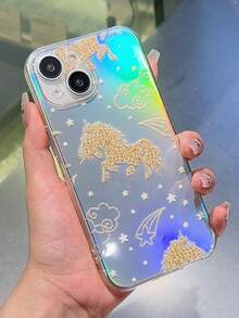 1 Ốp điện thoại mềm sơn TPU trong suốt với họa tiết ngựa bay đầy sao đơn giản và độc đáo, màu chuyển sắc, lấp lánh lấp lánh, giấy laser, chống sốc và chống rơi, tương thích với iPhone 15, phong cách thời trang mới - Trong sáng - Xem 1