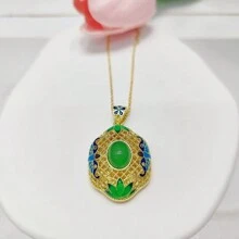 天然藍玉髓，鍍金工藝寶石鑲嵌項鍊墜飾，時尚珠寶，女士項鍊珠寶，寶石項鍊，節日禮物，送給女友的禮物。 - 吊墜H4 - 查看 1
