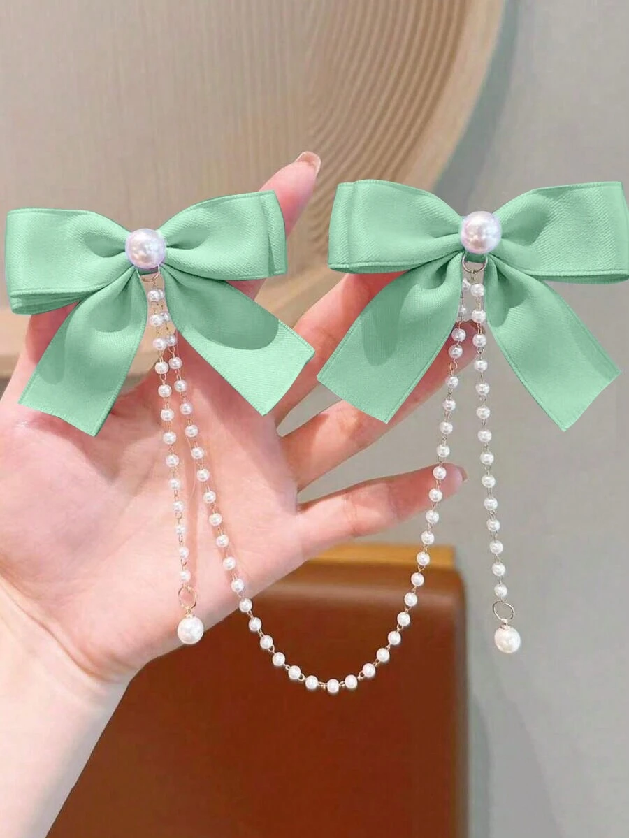 1pc Children's Pearl Bow Hair Clip Hair Accessory - Green - View 1
