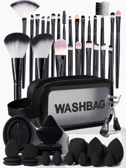 46 piezas Conjunto de herramientas de maquillaje profesional para principiantes, que incluye 25 pinceles de maquillaje (pincel de base, pincel de polvos, pincel de colorete, pincel de iluminador, set de pinceles de sombra de ojos, pincel de pestañas, pincel de delineador, pincel de contorno, pincel de detalle) + 3 esponjas de maquillaje para maquillaje líquido y mezcla + 3 borlas triangulares de polvos para fijar polvos y suavizar bordes + 6 borlas de dedo para el corrector + 6 mini difuminadores de maquillaje + 1 tazón de limpieza de pinceles de maquillaje para la limpieza de pinceles y difuminadores + 1 bolsa cosmética impermeable para almacenamiento + 1 rizador de pestañas