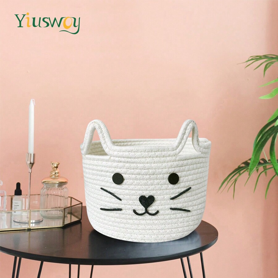 Yiuswoy 1pc Cute Cat Storage Basket, Woven Rope Basket, Pet Toys Basket