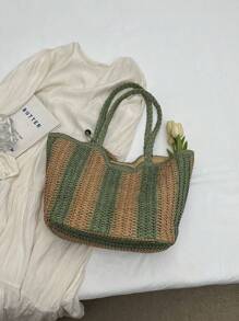 Bolsa de tote de paja tejida minimalista de gran capacidad, esenciales para vacaciones, perfecta para viajes, vacaciones, días festivos y playa - Verde - Ver 4
