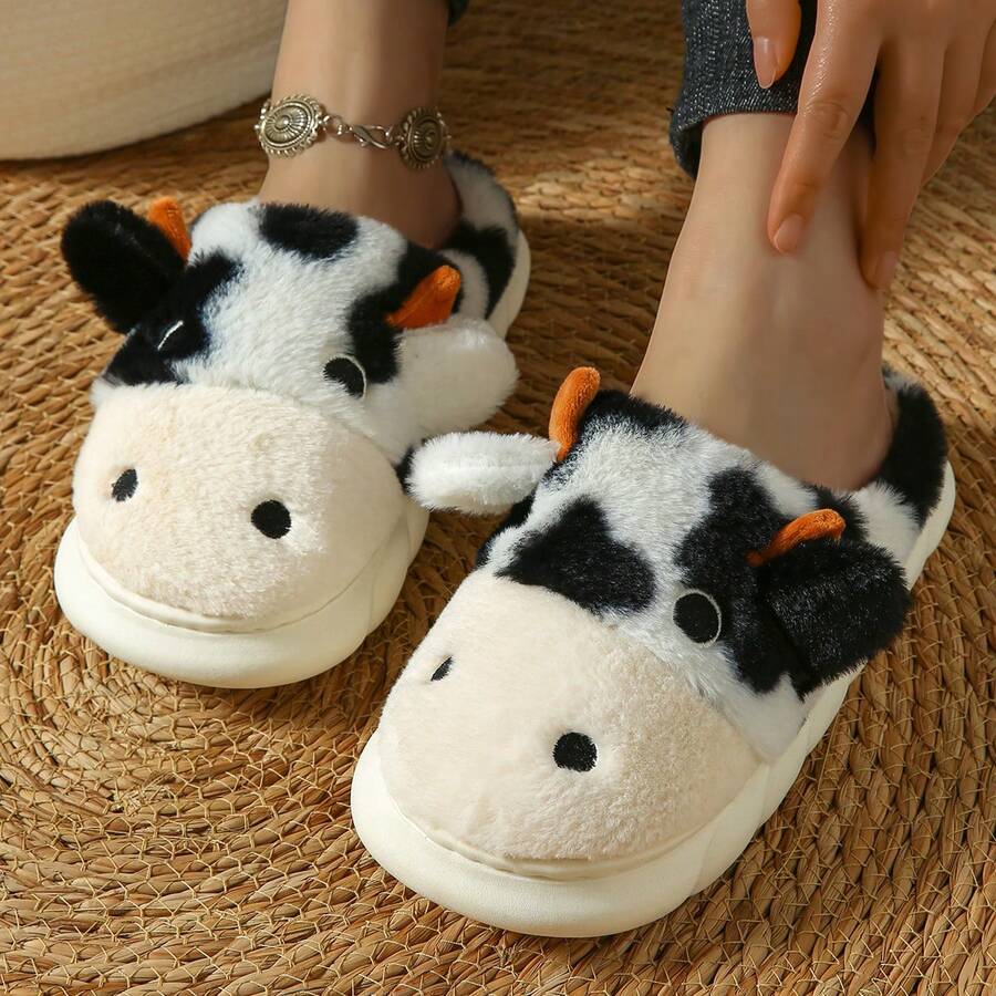 Cartoon Soft And Cute Cow Slippers, Indoor Home Slippers, Lovely Animal Slippers, Thick-Soled Slippers For Women - Black and White - View 1