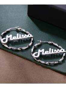 定制姓名女士耳环，魅力波西米亚风格个性化螺旋圈耳环，不锈钢扭曲吊坠耳环，带有姓名，嘻哈字母圆形圈式个性珠宝，适合家庭聚会、节日礼物、母亲节礼物 - 銀色 - 查看 3