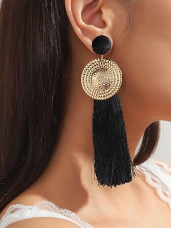 1pair New Fashion Retro Long Tassel Earrings With Retro Geometric Texture, Bohemian Party Drop Earrings