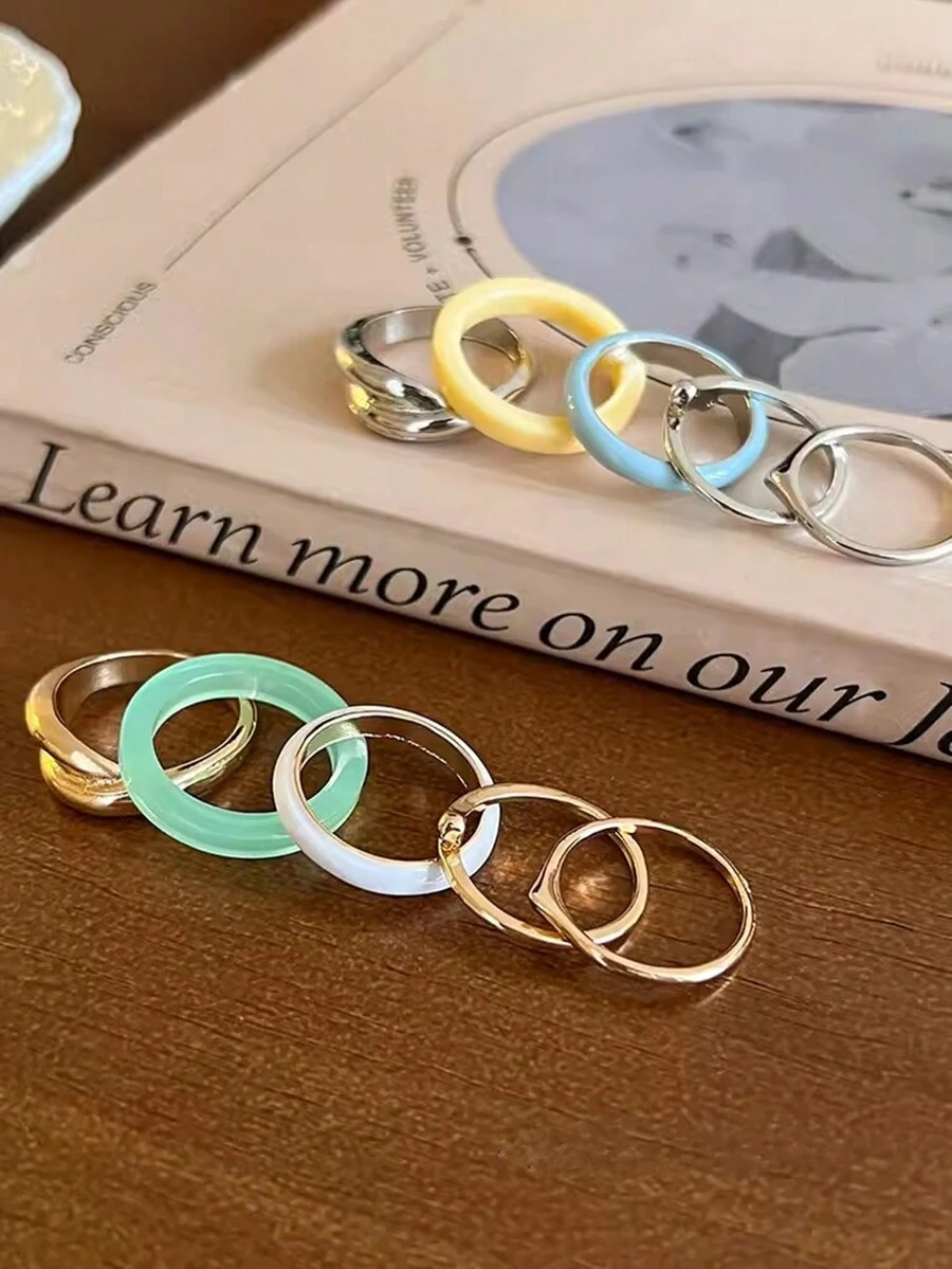 Bộ 5 chiếc nhẫn vẽ tranh sơn dầu cây nhựa đơn giản dành cho nữ - bộ nhẫn 5 chiếc - Xem 1