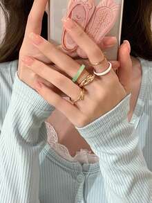 Bộ 5 chiếc nhẫn vẽ tranh sơn dầu cây nhựa đơn giản dành cho nữ - bộ nhẫn 5 chiếc - Xem 2
