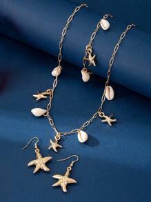 1 peça Colar de Estrela do Mar com Concha, 1 peça Pulseira de Estrela do Mar com Concha, 1 par de Brincos de Estrela do Mar, Conjunto de Joias Estilo Oceânico para o Uso Durante as Férias das Mulheres