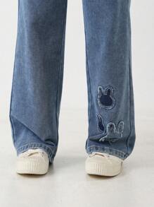 Tween Girl Rabbit Patch Casual Long Washed Wide Leg Denim Pants