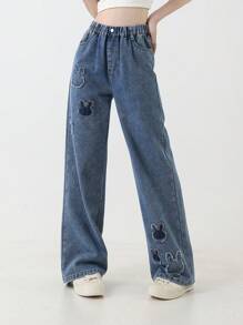 Tween Girl Rabbit Patch Casual Long Washed Wide Leg Denim Pants