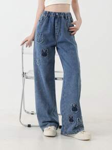 Tween Girl Rabbit Patch Casual Long Washed Wide Leg Denim Pants
