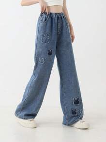 Tween Girl Rabbit Patch Casual Long Washed Wide Leg Denim Pants