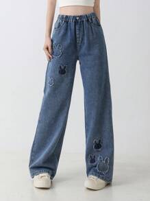 Tween Girl Rabbit Patch Casual Long Washed Wide Leg Denim Pants