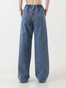 Tween Girl Rabbit Patch Casual Long Washed Wide Leg Denim Pants