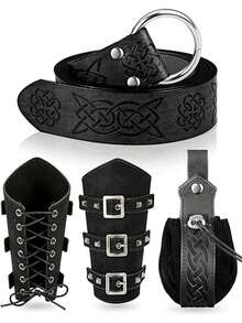 4pcs/Set Renaissance Accessories, Medieval Viking PU Leather Arm Guard, Waist Bag And Embossed Belt For Cosplay Costume Festival Party,Halloween