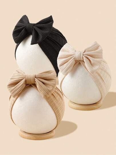 3 件装柔软透气婴儿和幼儿提花条纹帽，带可爱蝴蝶结和高弹性，适合日常穿着和节日爱情人节