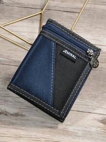 JEMINAL Men's Casual Tri-Fold Canvas Wallet With Anti-Theft Chain, Street Style Color Block Purse - Navy Blue - View 1