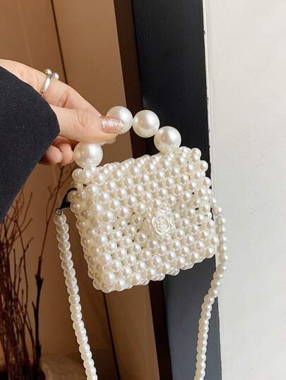 1pc Girls' Handmade Faux Pearl Beaded Purse With Pearls Decoration, Mini Flap Bag With Elegant Princess Style, Suitable As Summer Festival Gift Or Daily Wear