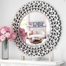 34-Inch Oversized Crystal Round Wall Decor Mirror, Jeweled Ornate Accent, Sparkly Chic For Living Room, Fireplace - Silver - View 3