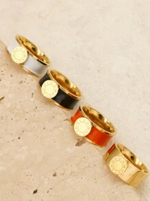 1入經典不銹鋼羅馬數字女戒扁盤設計金色黑白橙色四色戒指，適用於女士男士 - 金色 - 查看 3