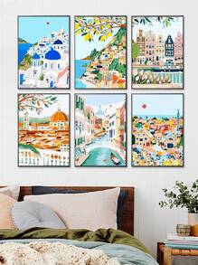 6pcs/Set Frameless Digital Oil Painting 25x35cm With Paints And Brushes, DIY Acrylic Paint Set For Beach Castle Easy Painting, Art And Crafts For Home Room Decoration, Best Stress Relief Gift, Suitable For Beginner Adults