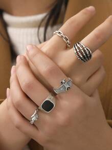 5pcs/Set Antique Silver Spades Playing Card Inspired Joint Ring Set For Couples, Retro And Creative Gift