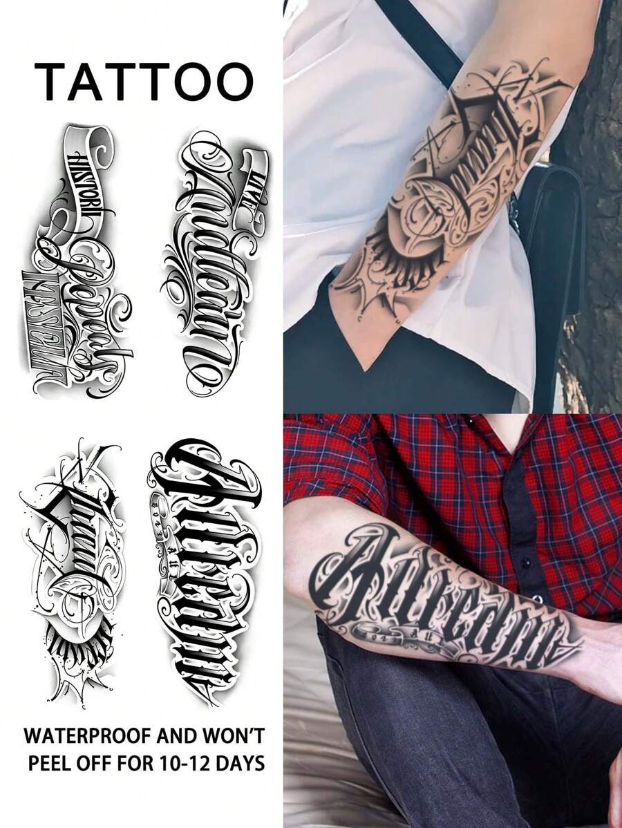 Tatouage temporaire de lettre anglaise avec décoration créative de style européen, imperméable à l'eau et à la transpiration, durée de 1 à 2 semaines, jus d'herbes réaliste et faux noir non réfléchissant tatouages ​​pour hommes, Autocollants de tatouage pour bras, poitrine, jambe, art corporel moderniste.