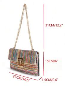 Bolso de paja con solapa y cierre de giro, bolso de mano trenzado con cadena para la playa