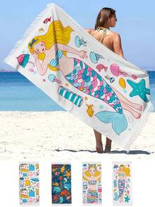 1入組80 * 167公分美人魚公主沙灘毛巾，帶流蘇，海洋世界生物沙灘毛巾，超大柔軟吸水沐浴毛巾，適用於游泳瑜珈運動 - 彩色 - 查看 1