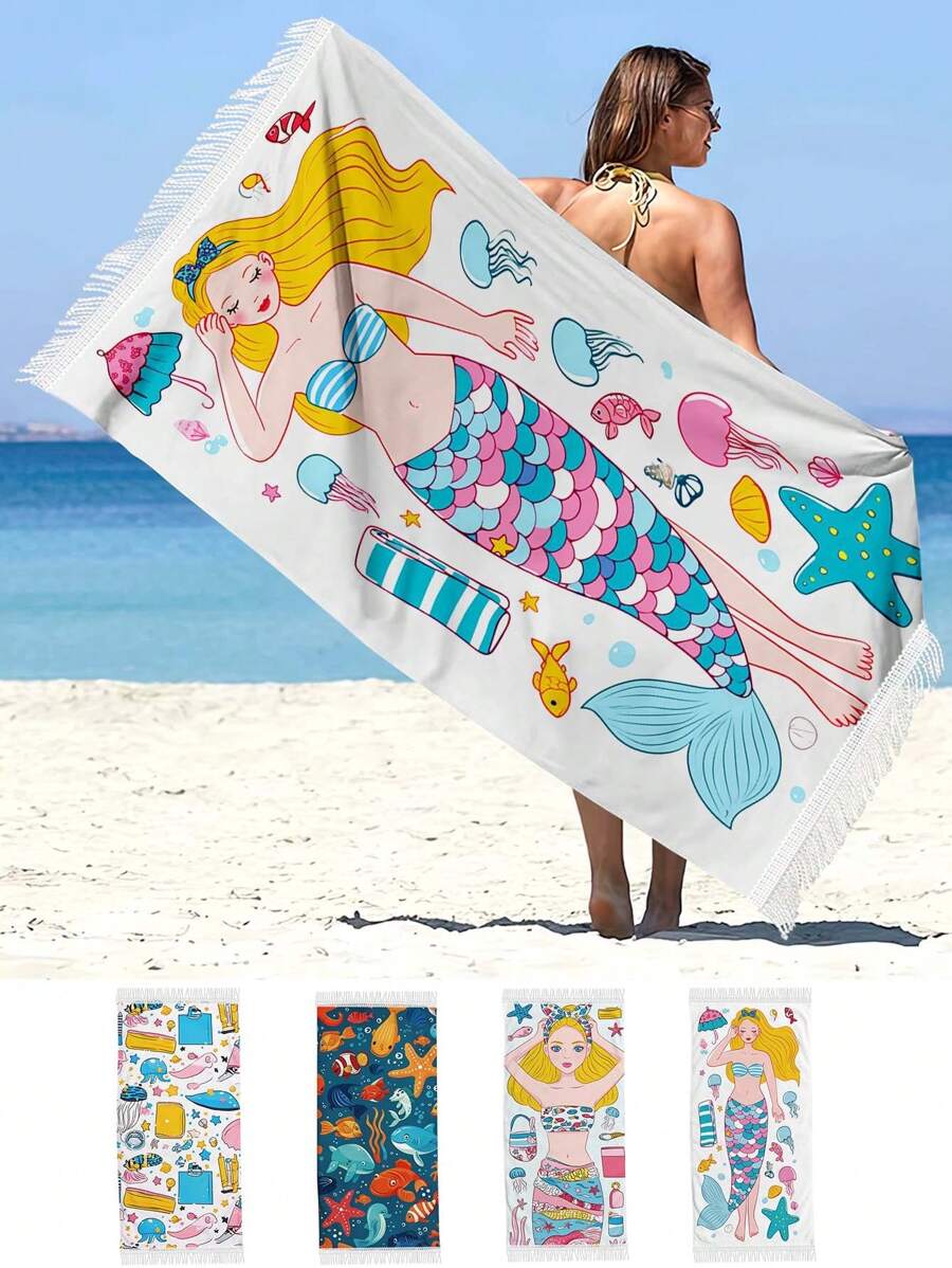 1入組80 * 167公分美人魚公主沙灘毛巾，帶流蘇，海洋世界生物沙灘毛巾，超大柔軟吸水沐浴毛巾，適用於游泳瑜珈運動 - 彩色 - 查看 1