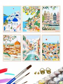 6pcs/Set Frameless Digital Oil Painting 25x35cm With Paints And Brushes, DIY Acrylic Paint Set For Beach Castle Easy Painting, Art And Crafts For Home Room Decoration, Best Stress Relief Gift, Suitable For Beginner Adults