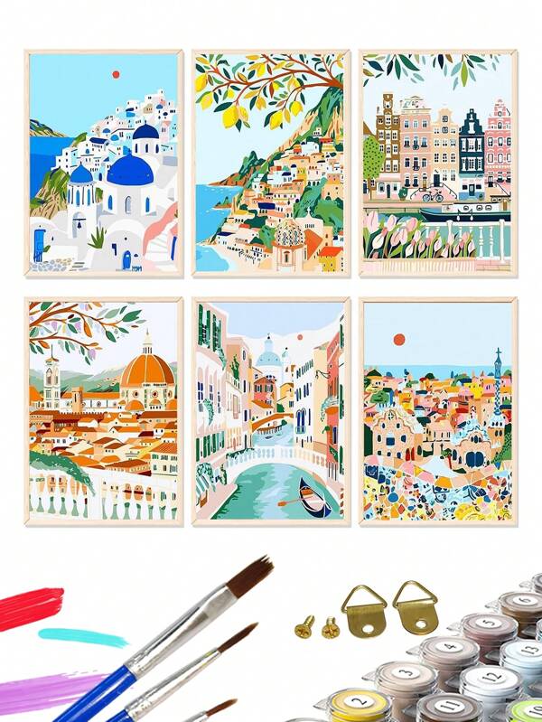 Set de 6 pinturas digitales sin marco de 25x35 cm con pinturas y pinceles. Set de pintura acrílica DIY para una fácil pintura de un castillo en la playa. Arte y artesanía para la decoración del hogar y la mejor idea de regalo para la mitigación del estrés adecuado para adultos principiantes.