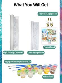6pcs/Set Frameless Digital Oil Painting 25x35cm With Paints And Brushes, DIY Acrylic Paint Set For Beach Castle Easy Painting, Art And Crafts For Home Room Decoration, Best Stress Relief Gift, Suitable For Beginner Adults