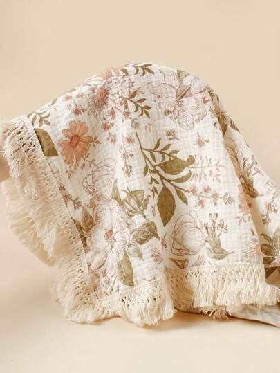 1pc Soft And Breathable Bohemian Style Floral Printed Double Gauze Blanket With Tassels And Lace Edges, For Baby Swaddling, Crib Cover, Stroller Blanket And Bath Towel Love Valentine