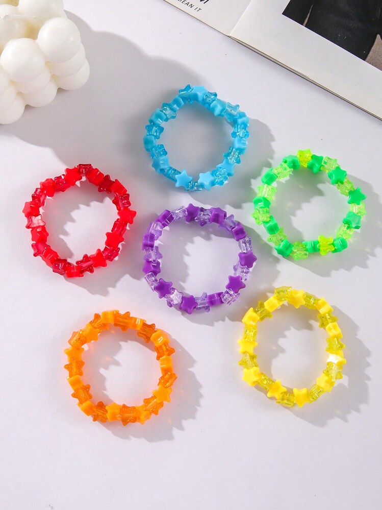 6pcs Multicolor Acrylic Beaded Bracelet With Star Charm For Daily Outfit Accessorizing - Multicolor - View 2