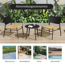 Set van 3 tafels en stoelen voor binnen en buiten, 2 stoelen en 1 ronde bijzettafel voor bistro, balkon, terras, tuin, balkonmeubel van aluminium en roestvrij staal met PE rattan zitkussens