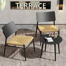 Set van 3 tafels en stoelen voor binnen en buiten, 2 stoelen en 1 ronde bijzettafel voor bistro, balkon, terras, tuin, balkonmeubel van aluminium en roestvrij staal met PE rattan zitkussens