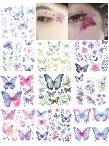 10PCS Glitter Butterfly & Floral Pattern Face & Eye Tail Decorative Sexy Aesthetic Fresh Temporary Tattoo Stickers - Multicolor - View 2