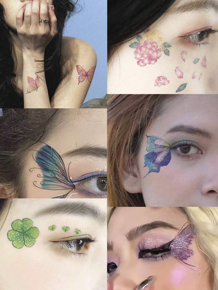 10PCS Glitter Butterfly & Floral Pattern Face & Eye Tail Decorative Sexy Aesthetic Fresh Temporary Tattoo Stickers - Multicolor - View 1