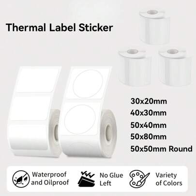 熱敏標籤打印紙，白色正方形自粘熱敏紙，可與M110 M120 M200 M220標籤打印機兼容，白紙黑字，一盒1捲